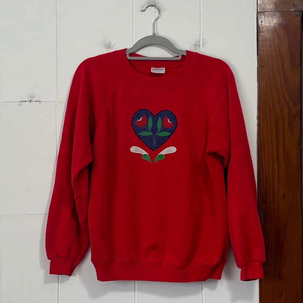 Vintage Hanes Heart Floral Sweatshirt Red‎ Raglan Sleeve Women's Large
